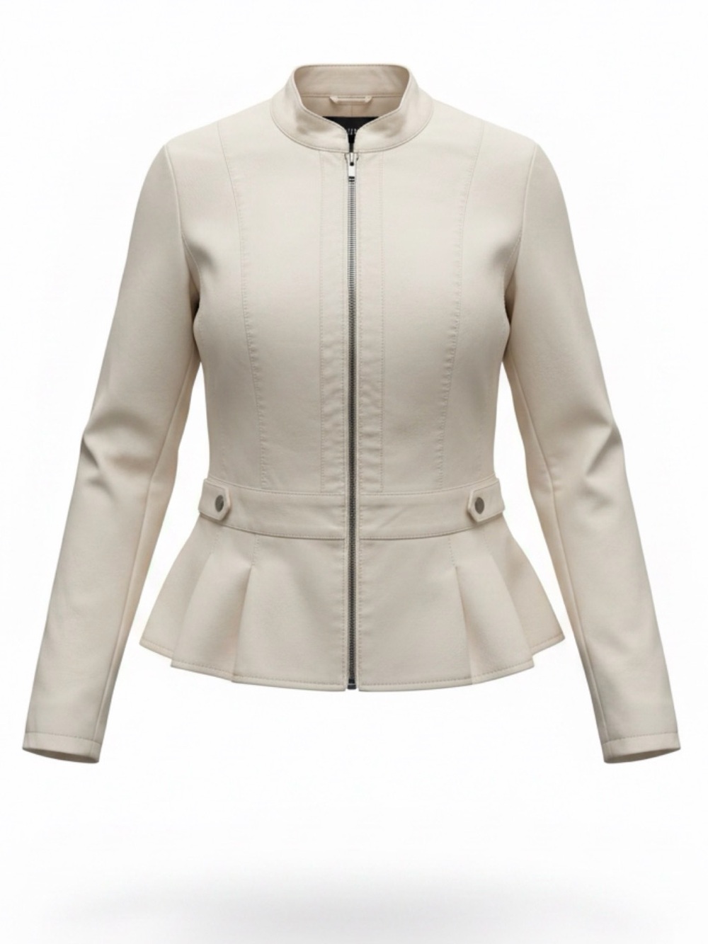 Baccini Ivory Peplum Faux Leather Zip Jacket